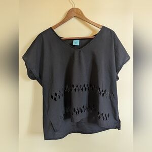 Black Blouse with silver outlined diamond cut outs - V-neck tshirt Size Medium